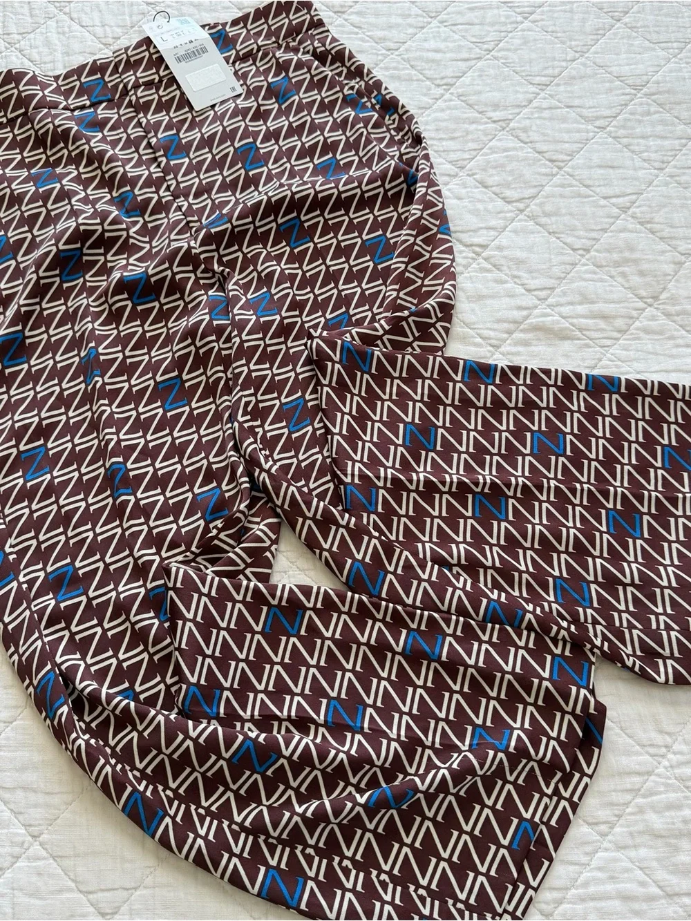 Zara Woman NWT Geometric Print Straight Leg Pants Burgundy Blue Size L